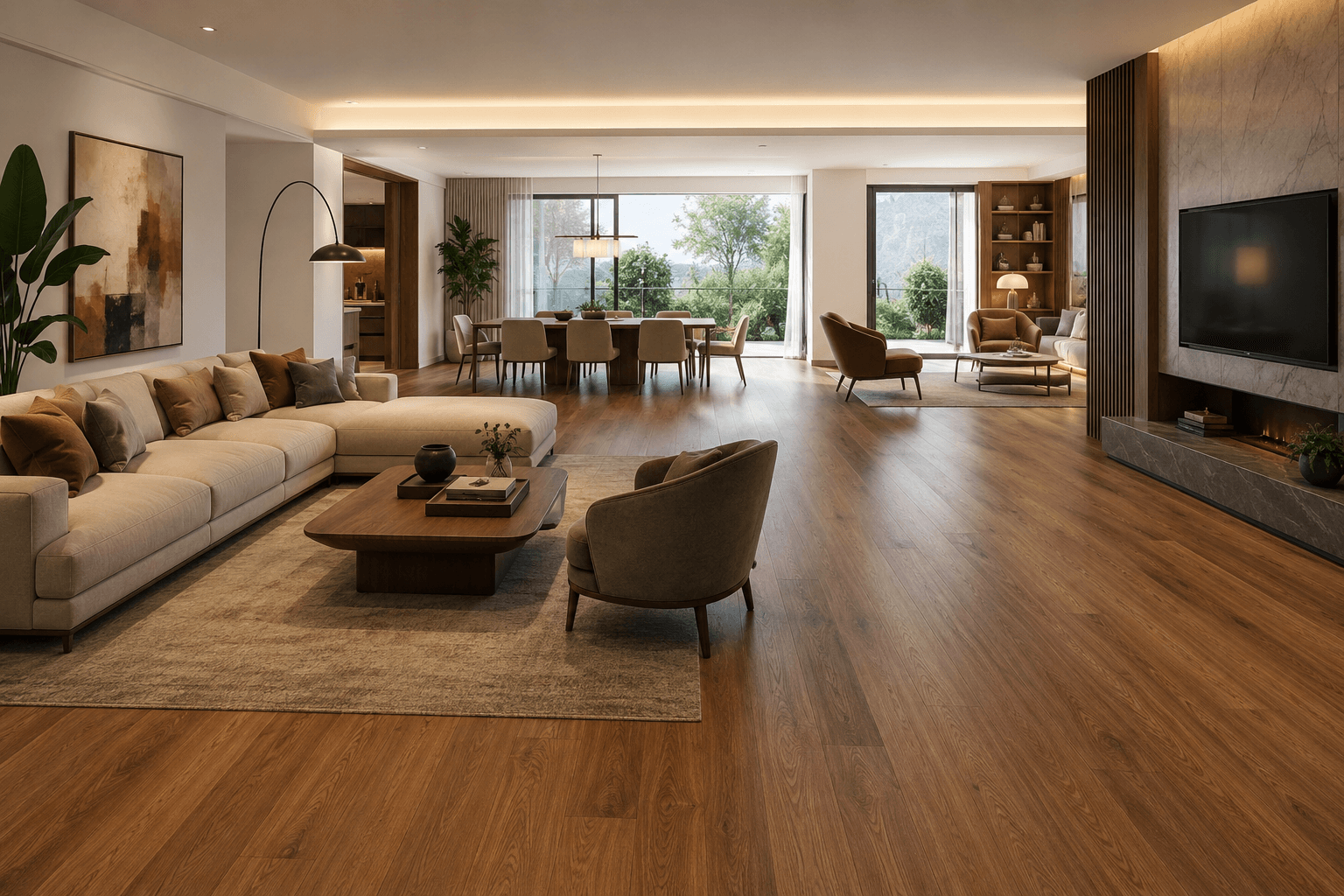 Living and lounge space with seamless micro-cement floors