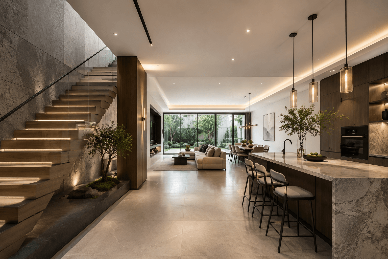Modern home renovation in progress showing clean structural lines and professional lighting