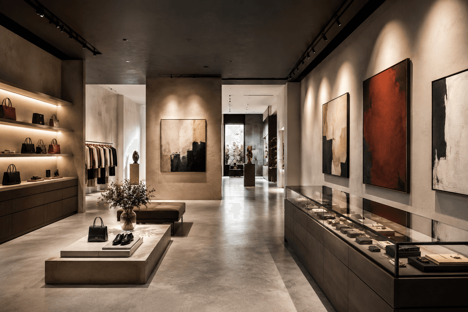 Retail and gallery space with continuous micro-cement floor
